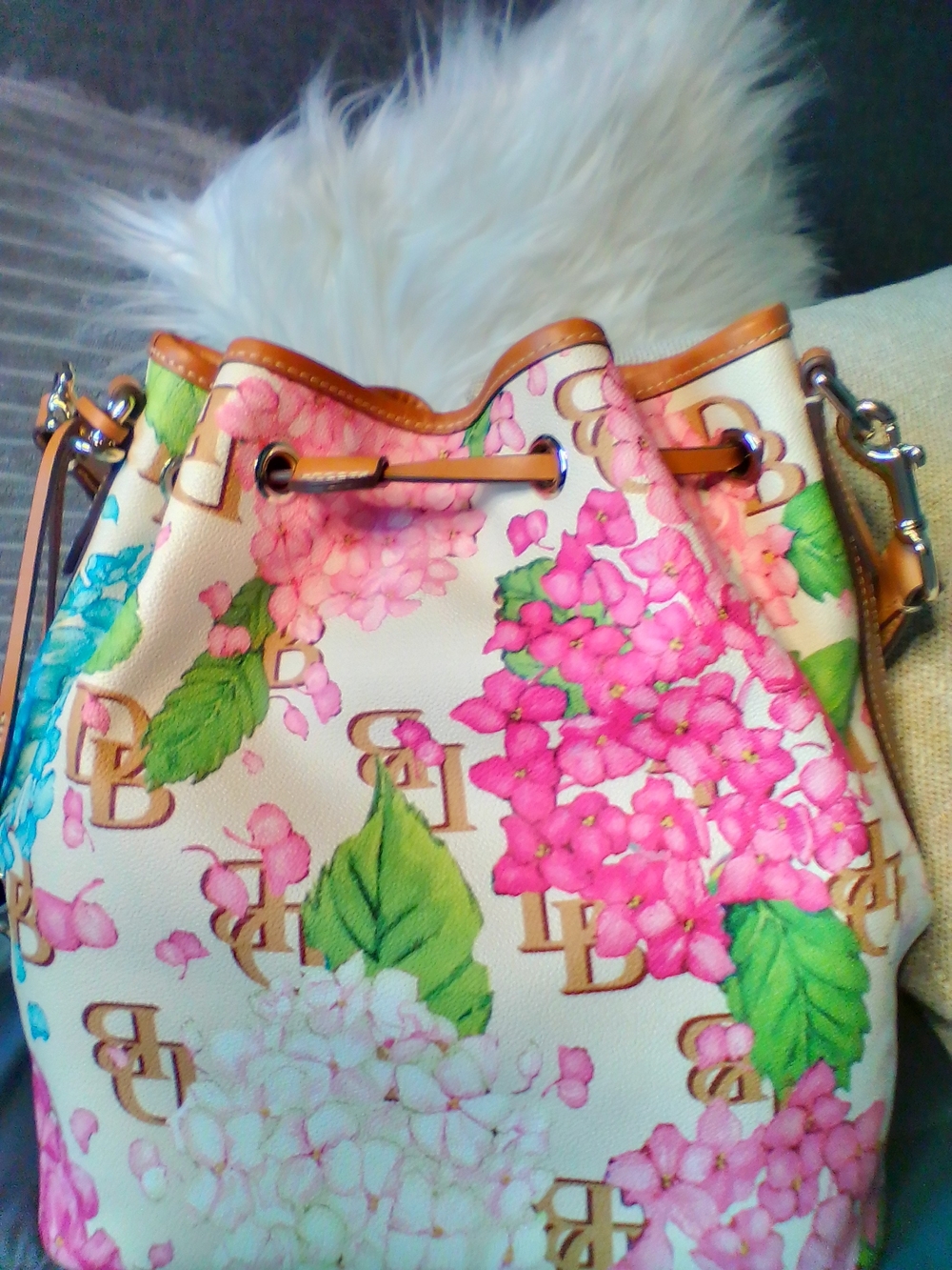Dooney & Bourke Hydrangea Drawstring Bucket Bag in Pink, Teal & Cream - Picture 10 of 14